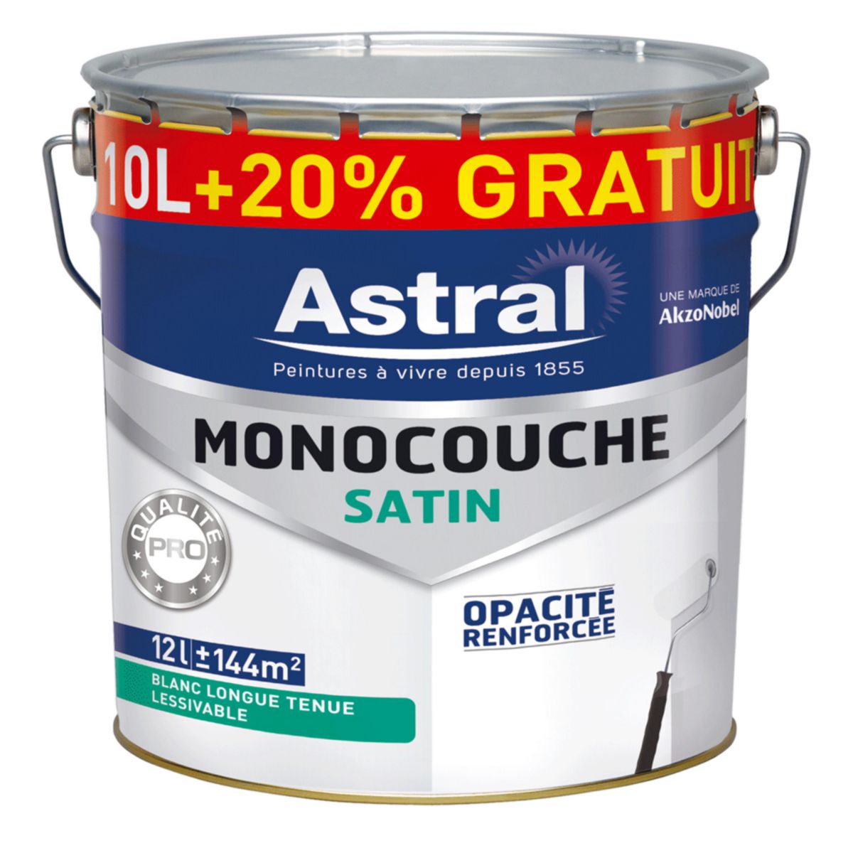 Peinture monocouche acrylique intérieur qualité professionnelle blanc pur satin pot de 10 l + 20