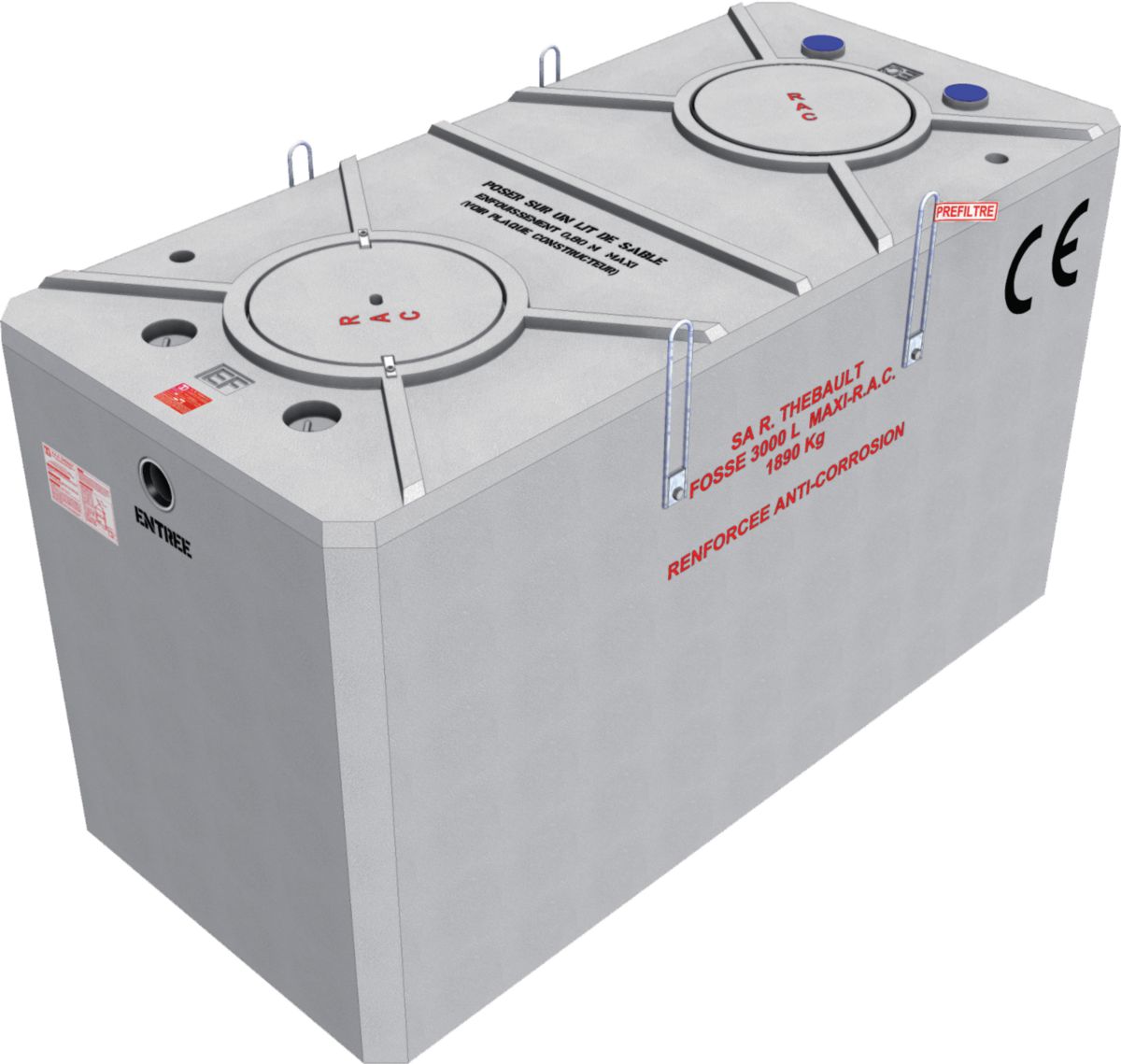 Fosse septique toutes eaux Maxi Eco 3000L préfiltre avec tampon 2,6x1,2m hauteur 1,4m THEBAULT