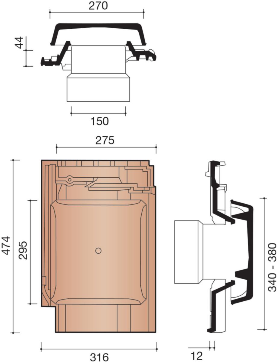 Kit De Raccordement Vmc Pour Tuile à Douille Kit tuile à douille 150mm avec connexion et chapeau extraction 176cm² nuagé  pour prima KOR MPRI8729 - KORAMIC