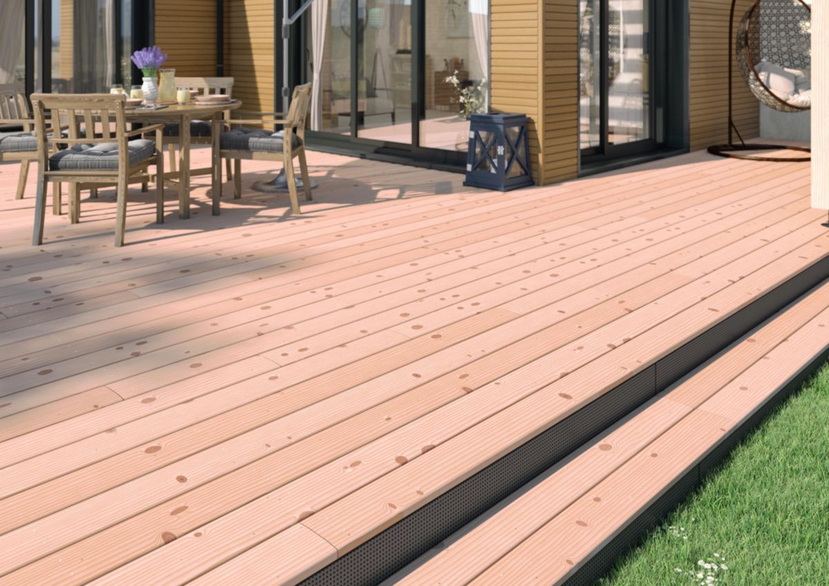 Lame de terrasse bois Douglas Deck traité classe 3 rose 27x145 mm