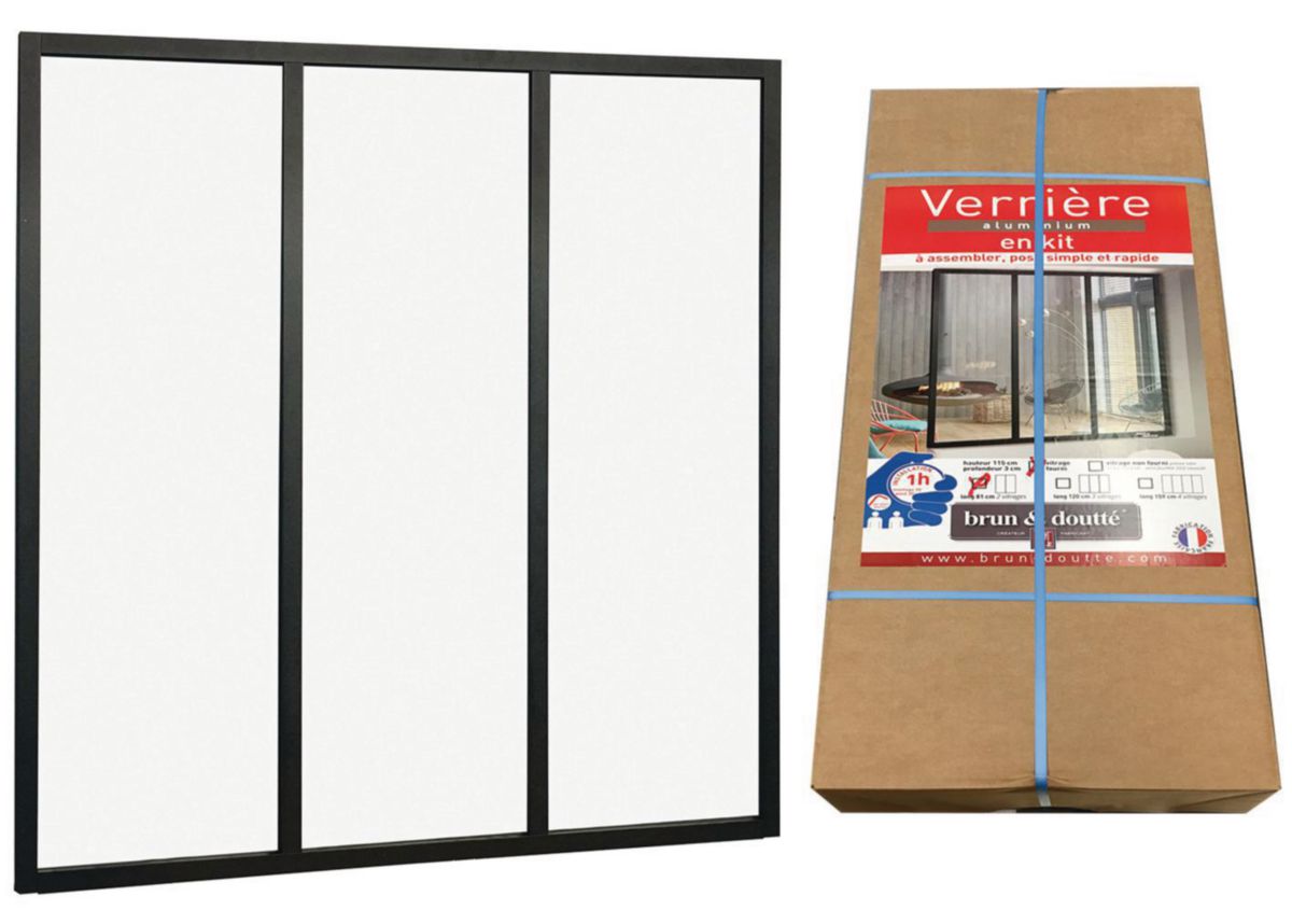Verrière atelier aluminium - 3 partitions - vitrage feuilleté 33/2 - noir 9005 sablé - 1150x1200 mm